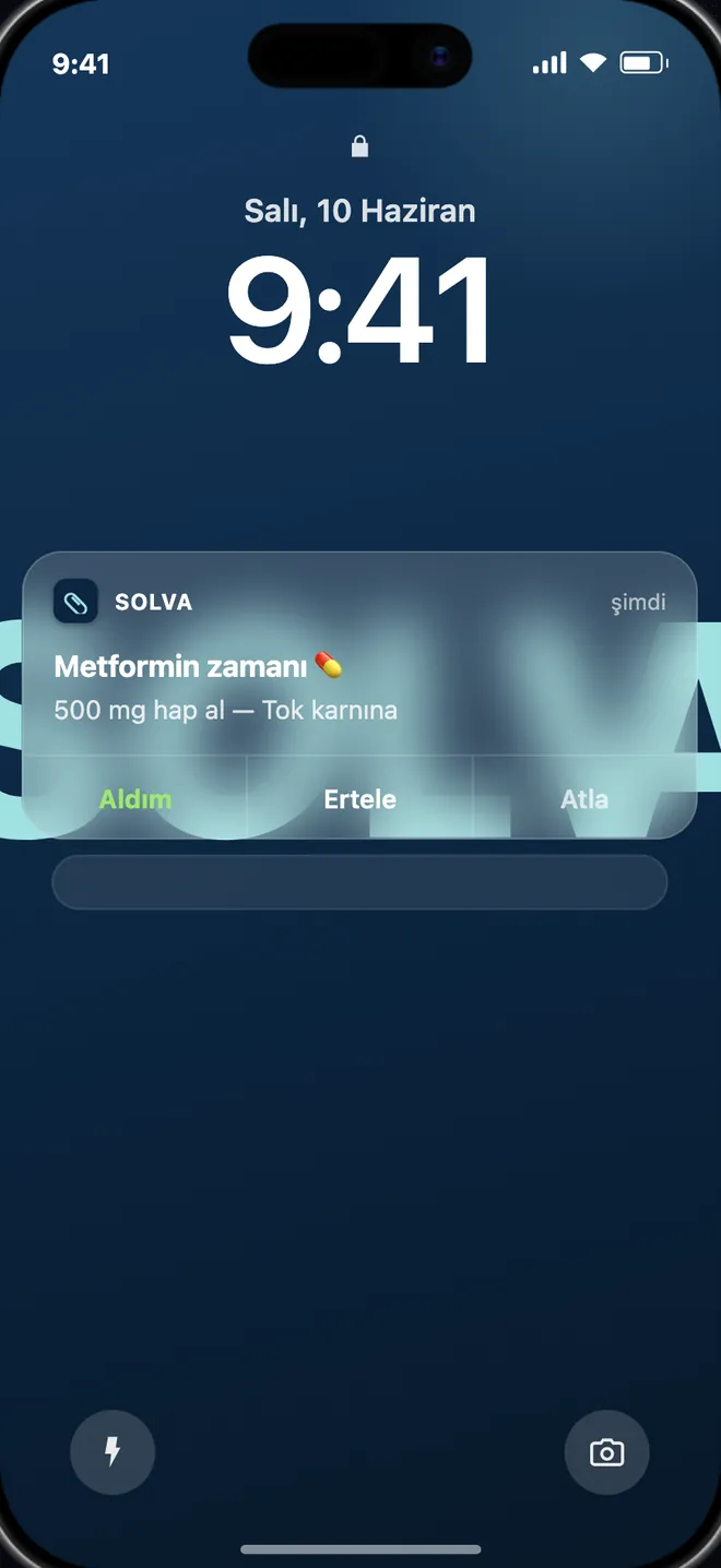 Kilit ekranında Solva bildirimi: Metformin zamanı, Aldım, Ertele ve Atla seçenekleri