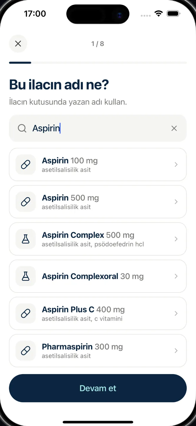 İlaç arama ekranı: Aspirin aramasında farklı dozlar listeleniyor